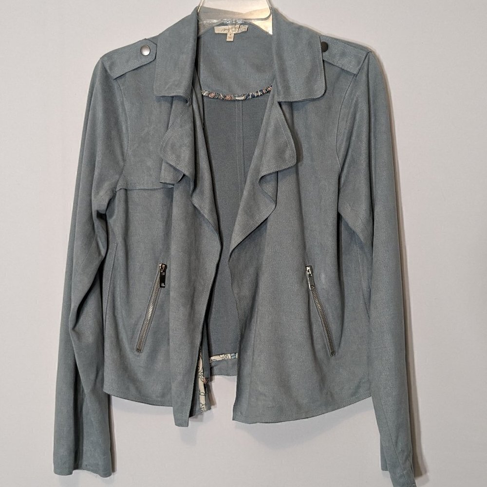 Women's MYSTREE, Blue, Faux Suede Long Sleeved Waterfall Jacket; Size M